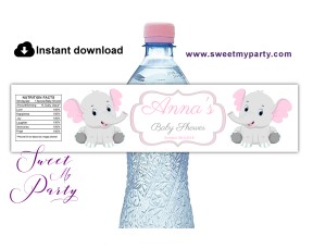 Pink and Grey Elephant Baby Shower water bottle labels,(9ebb)